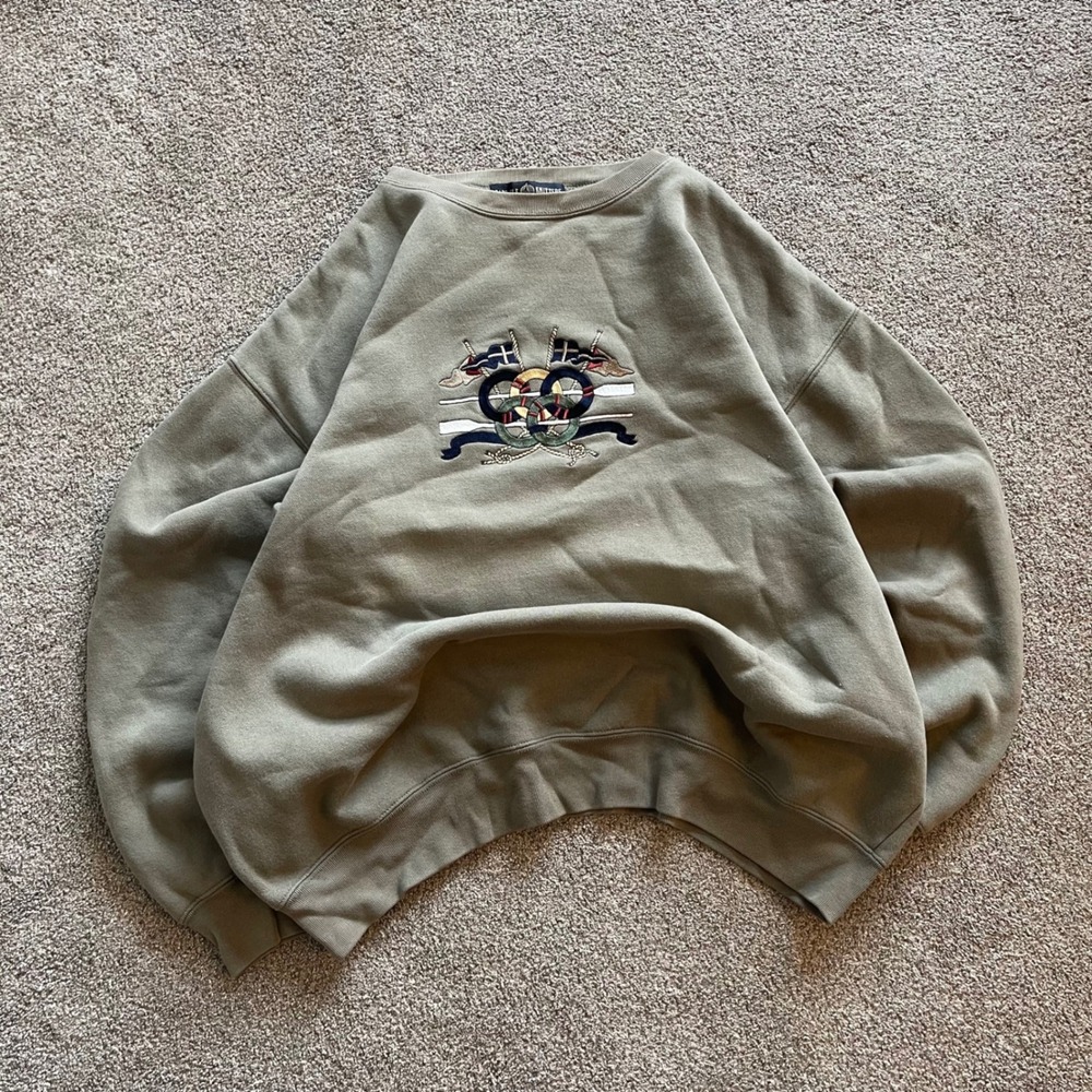 Mens Cape Isle Knitters Sweatshirt Large Olive Green Excellent Nautical Crest